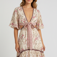 Patterned bohemian short sleeve dress, back view on model.