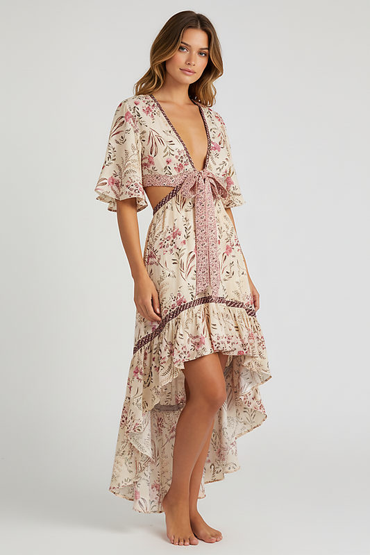 Patterned bohemian short sleeve dress, front view on model.