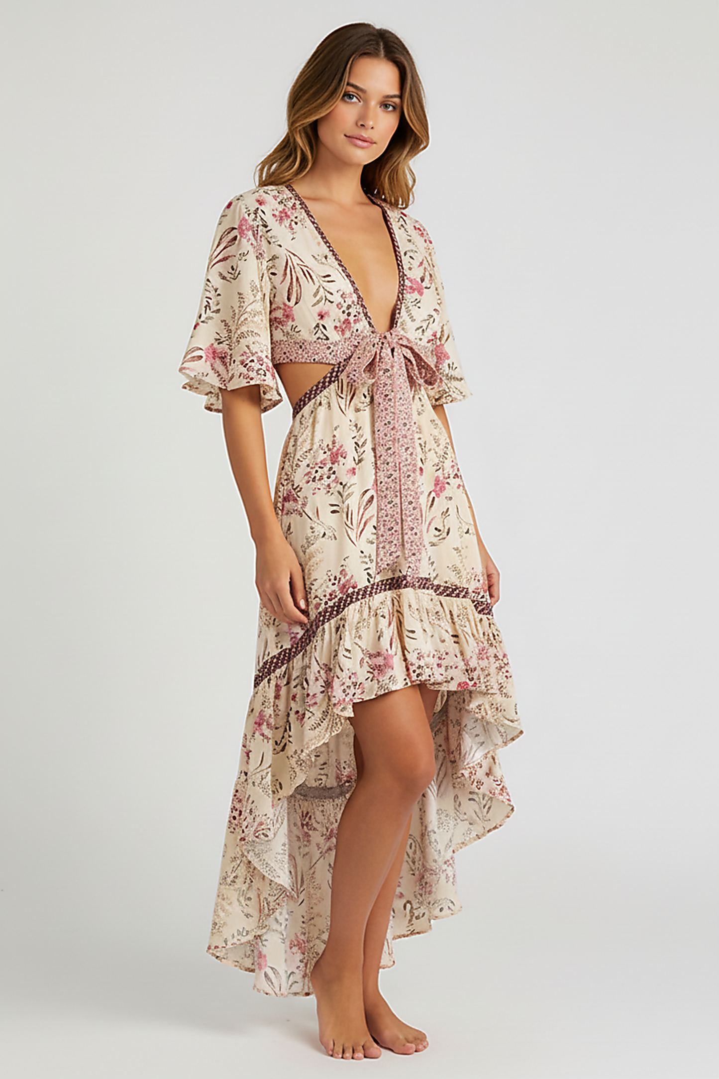 Patterned bohemian short sleeve dress, side view on model.