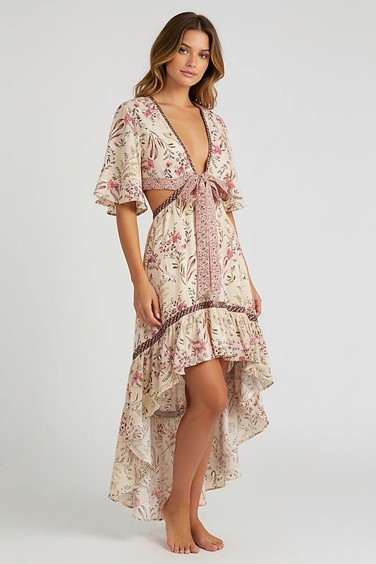 Patterned bohemian short sleeve dress, side view on model.