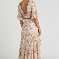 Patterned bohemian short sleeve dress, fabric detail.