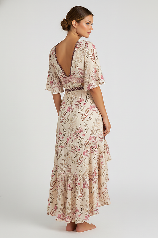 Patterned bohemian short sleeve dress, fabric detail.