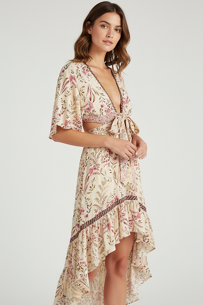 Patterned bohemian short sleeve dress, hollow-out detail.