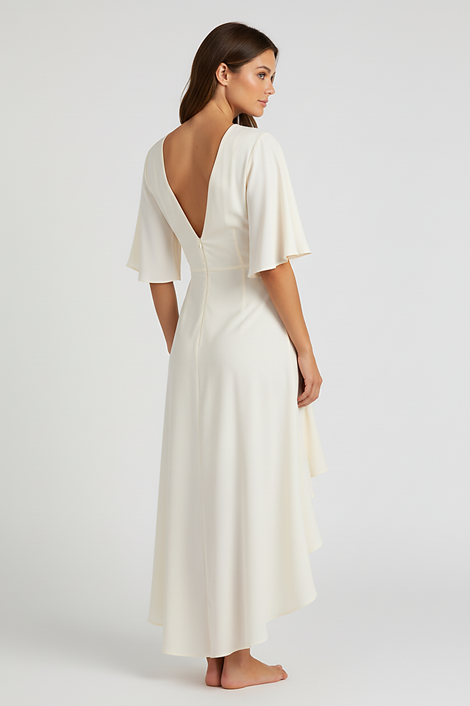 Patterned bohemian short sleeve dress, front view on model.