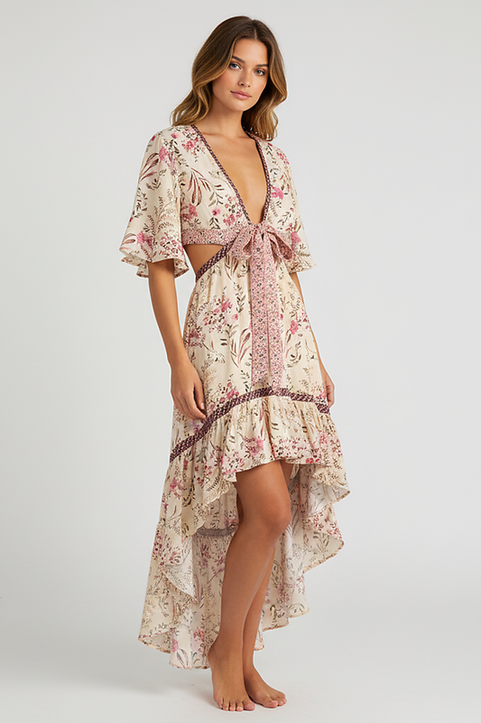 Patterned bohemian short sleeve dress, front view on model.