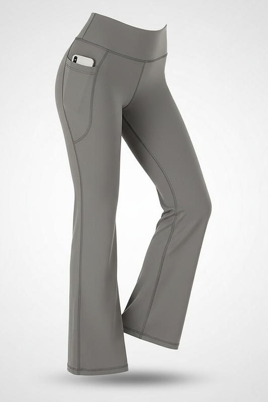 Black bootcut yoga pants, alternate angle view on model.