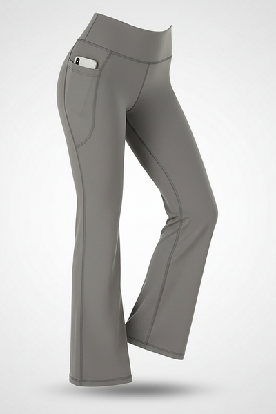 Black bootcut yoga pants, alternate angle view on model.