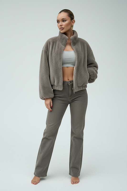 Green faux fur jacket, back view on model.