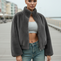 Grey faux fur jacket, back view on model.