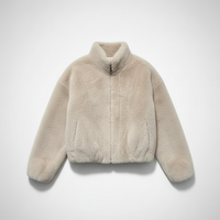 White faux fur jacket, open front view.