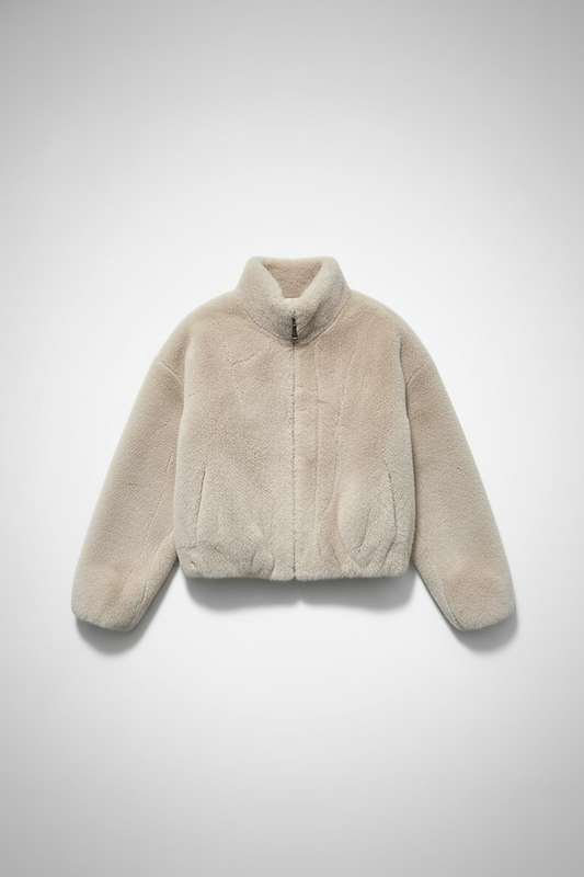 White faux fur jacket, open front view.