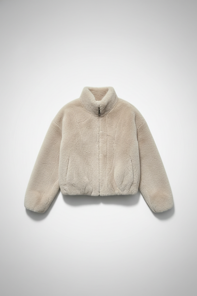 White faux fur jacket, open front view.