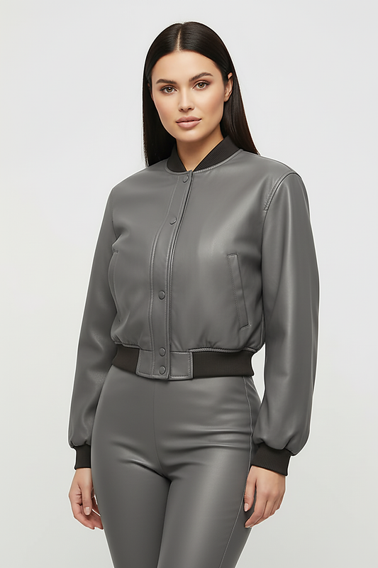 Distressed faux leather bomber jacket, interior lining detail.