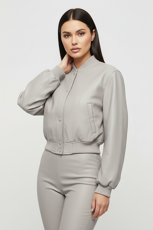 Distressed faux leather bomber jacket, back view on model.