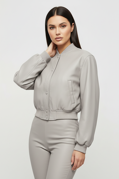 Distressed faux leather bomber jacket, back view on model.