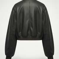 Distressed faux leather bomber jacket, model wearing it casually.