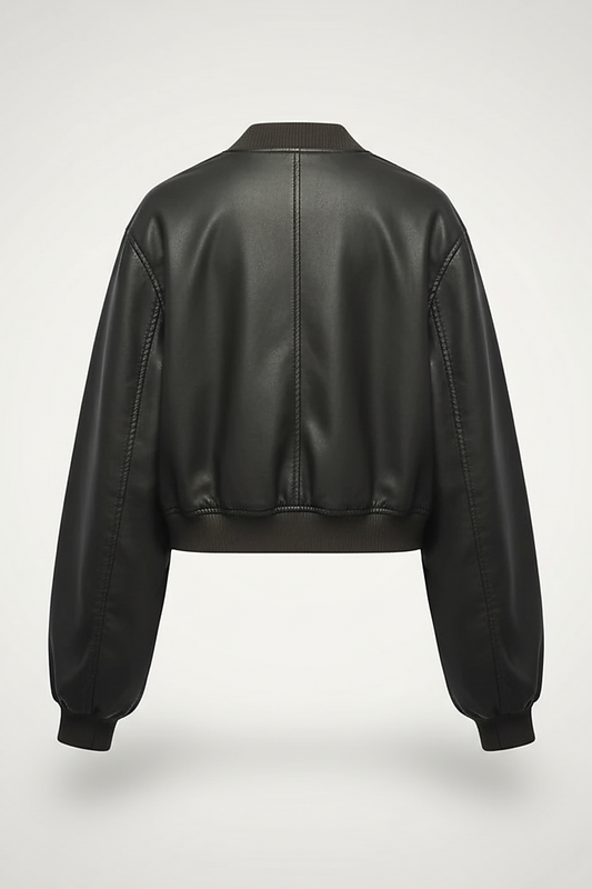 Distressed faux leather bomber jacket, model wearing it casually.