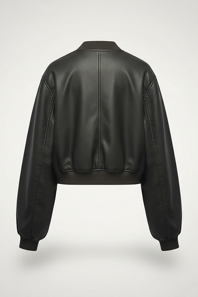 Distressed faux leather bomber jacket, model wearing it casually.