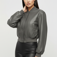 Distressed faux leather bomber jacket, cuff and sleeve detail.