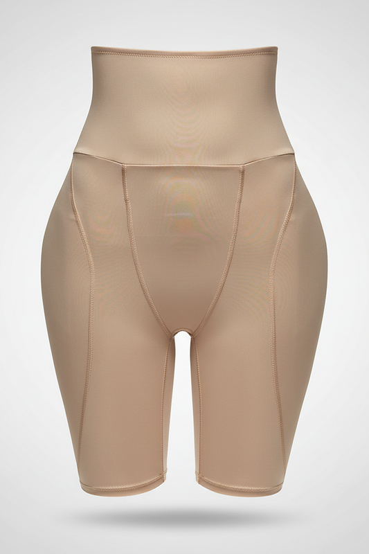 Padded shapewear panties with hip enhancer and butt lifter, fabric detail.
