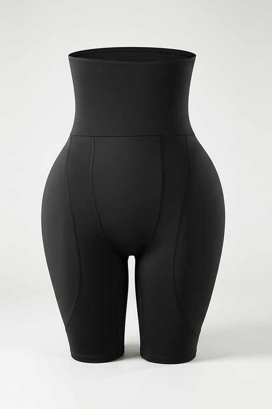 Nude shapewear shorts, angled view on model.