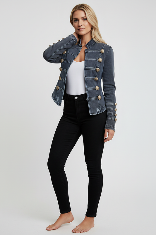 Washed denim jacket, full length front view on model.