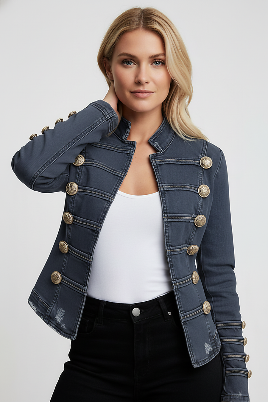 Washed denim jacket, full length front view on model.