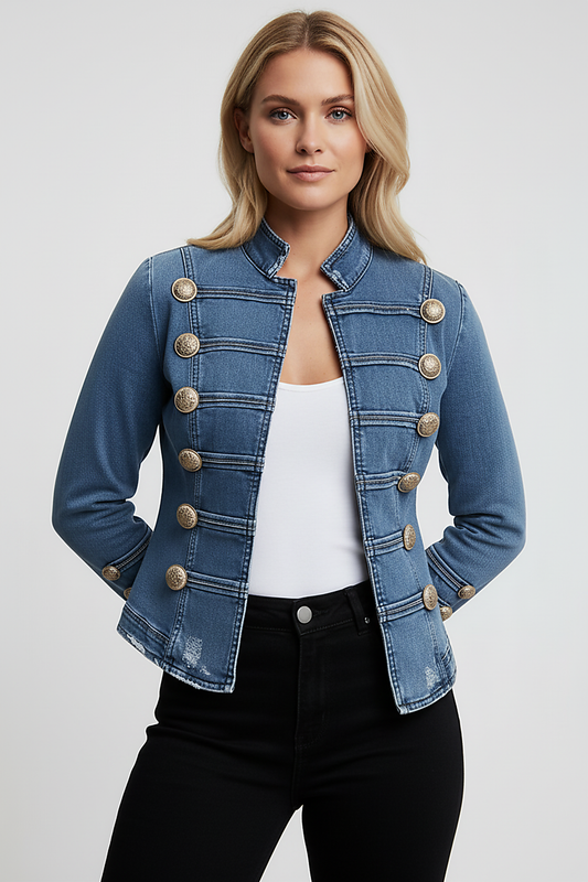 Washed denim jacket with button decor, back view on model.