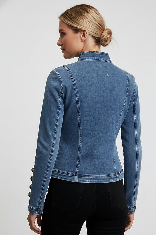 Washed denim jacket, close-up of button decor.