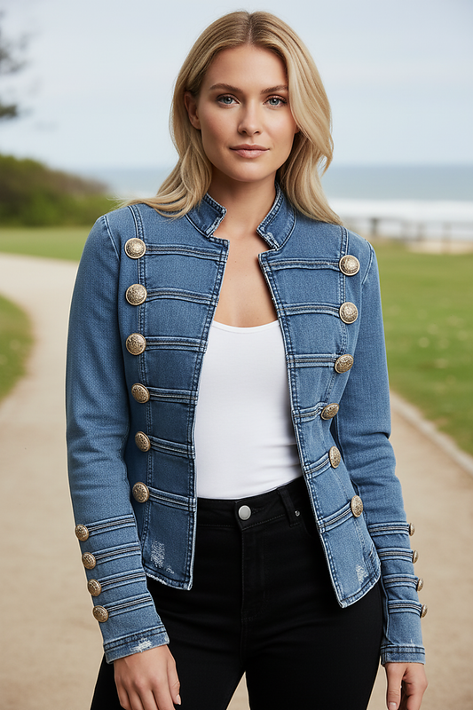 Washed denim jacket, fabric detail of sleeve cuff.