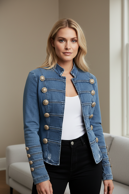 Washed denim jacket with button decor, flat lay.