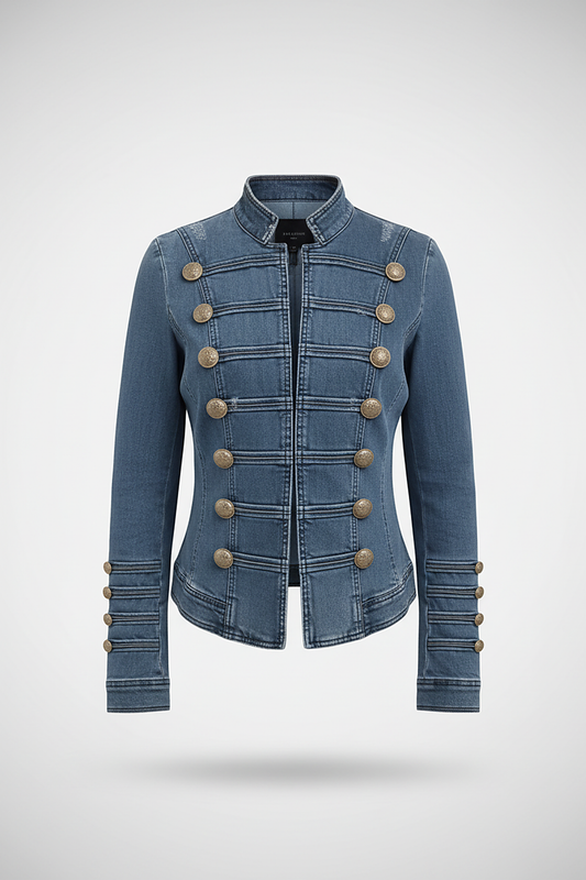 Washed denim jacket, close-up of wash texture.