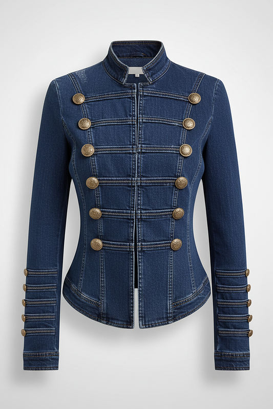 Washed denim jacket with button decor, styled front view.