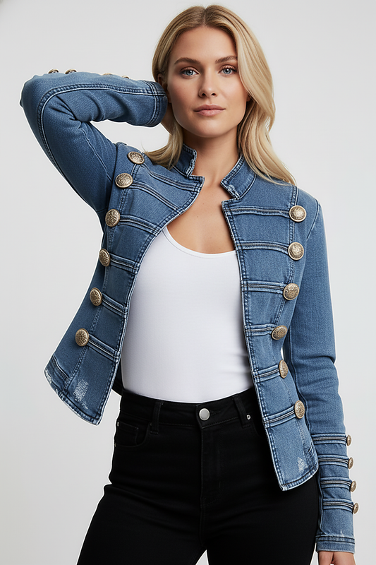 Washed denim jacket, close-up of chest pocket.