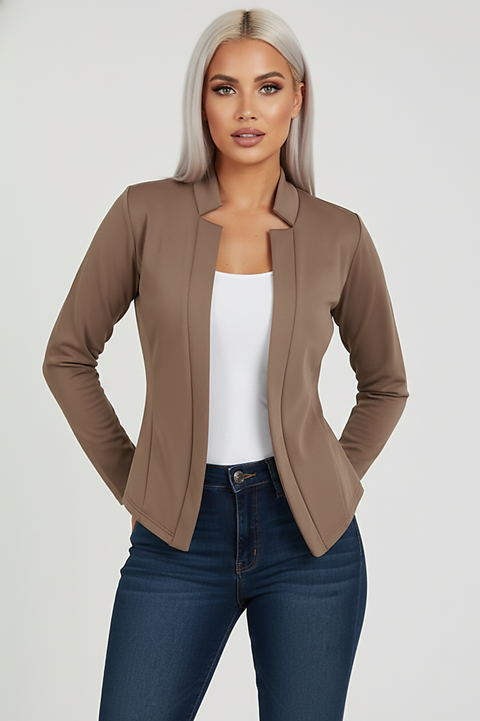 Solid color long-sleeved cardigan, full length view on model.