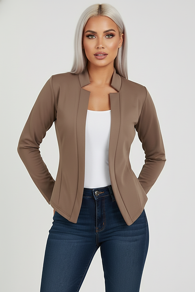 Solid color long-sleeved cardigan, full length view on model.