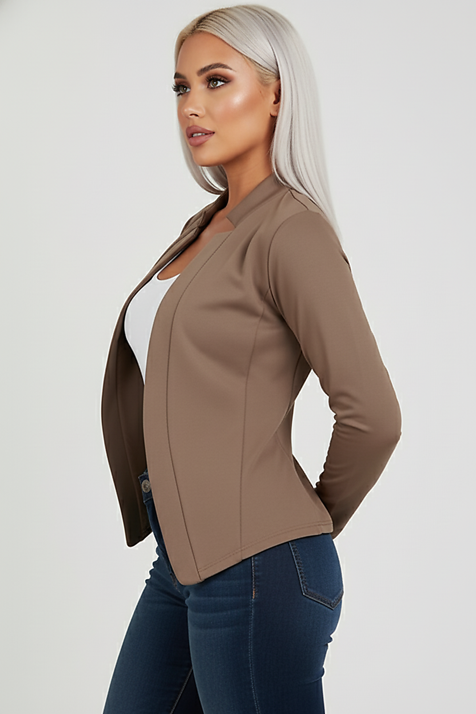 Solid color long-sleeved cardigan, back view on model.