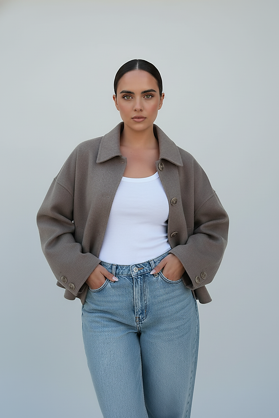 Women's solid wool jacket, full length view.