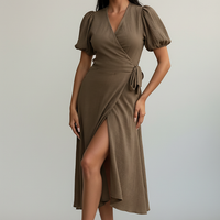 Floral print midi dress, front view on model.