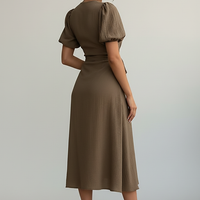 Floral print midi dress, back view on model.