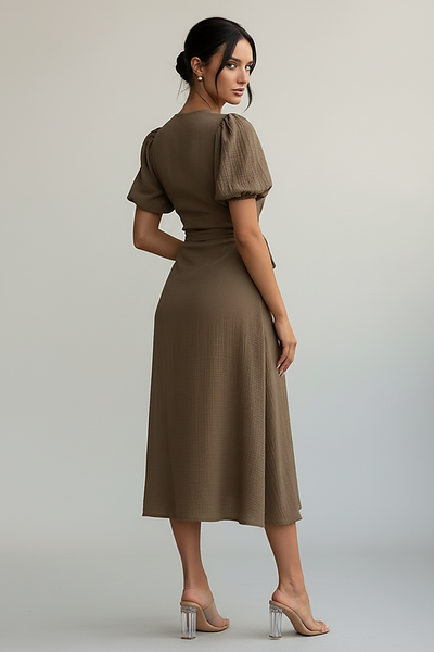 Floral print midi dress, back view on model.