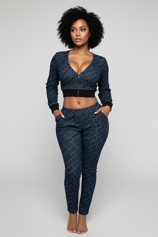 Women's blue denim jacket, back view on model.