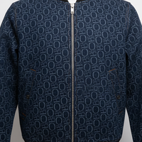 Women's blue denim jacket, fabric detail.