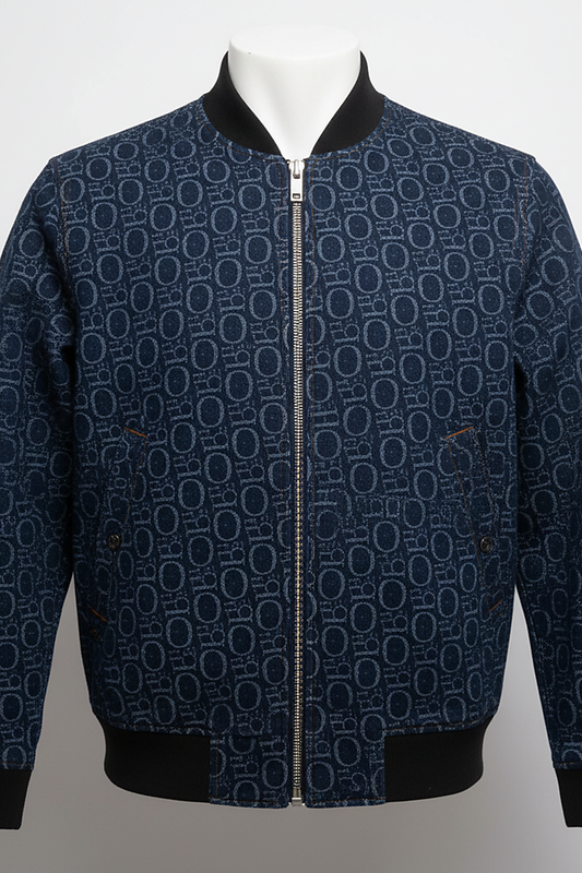 Women's blue denim jacket, fabric detail.