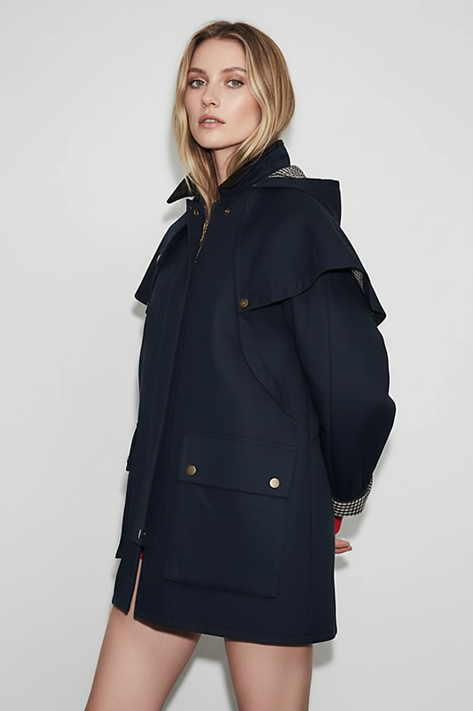 Removable hooded coat, back view on model.