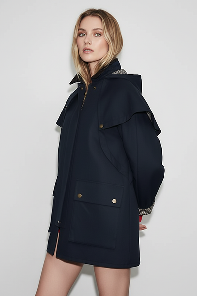 Removable hooded coat, back view on model.