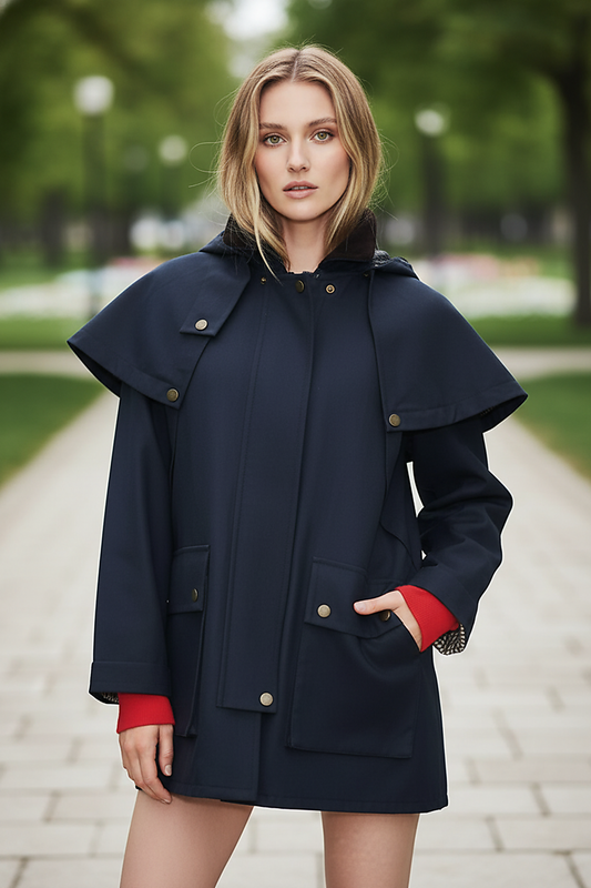 Removable hooded coat, close-up of hood detail.