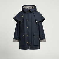 Removable hooded coat, front view, unzipped on model.