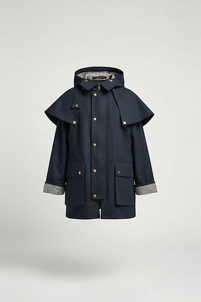 Removable hooded coat, front view, unzipped on model.