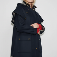 Removable hooded coat, front view, hood up on model.